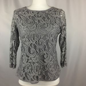 ADRIANNA PAPELL Long Sleeve Gray Lace Blouse